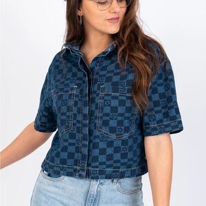 Roxy Blue Checkered Cropped Denim shirt